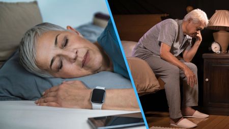 A split screen of two images. The left image shows a grey-haired mature woman sleeping while wearing a sleep tracker on her wrist. The right image shows a woman's hand looking at sleep-tracking metrics on her smartphone.