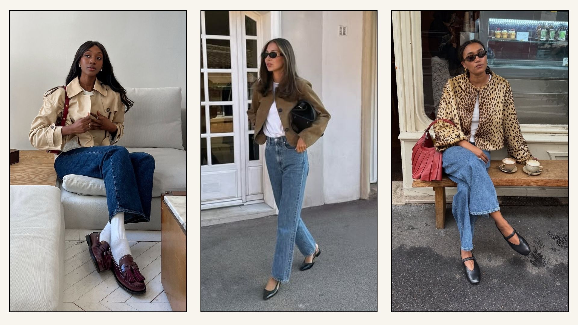 Collage of French influencers wearing cropped jeans with jeans and flats