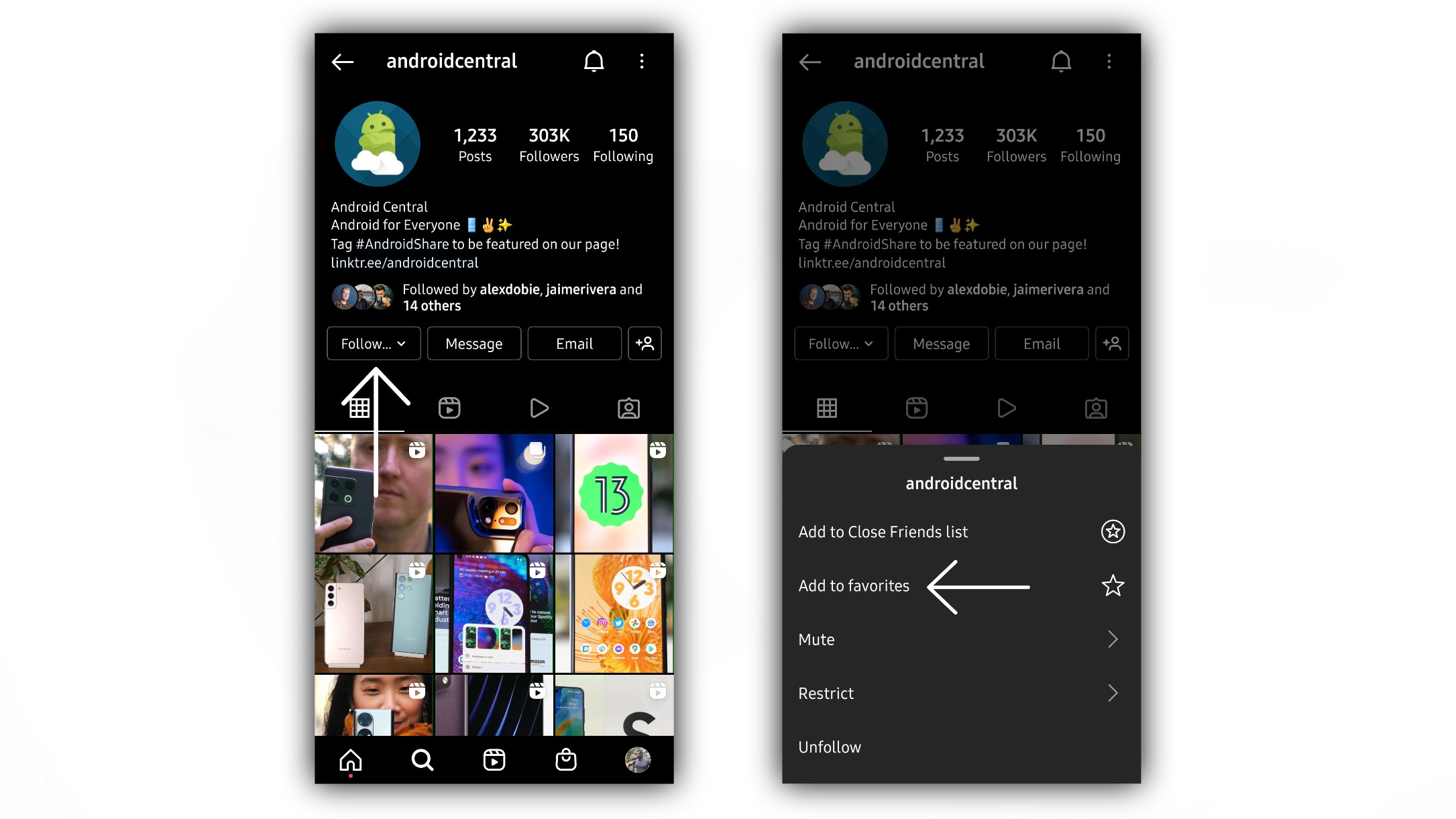 Instagram add to Favorites from profile