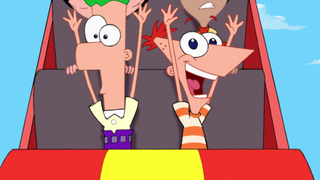 Phineas and Ferb on a rollercoaster in "Rollercoaster: The Musical" on Phineas and Ferb.
