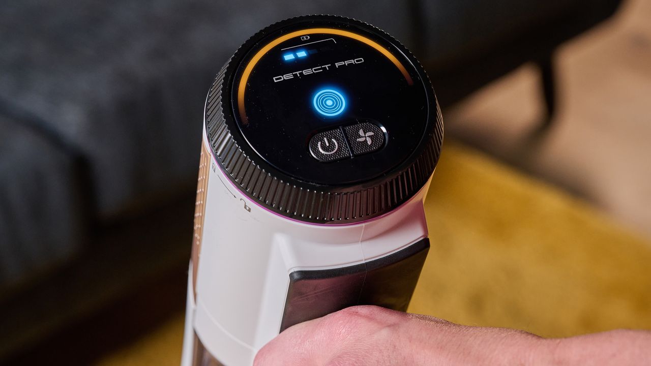 Control panel on Shark Detect Pro cordless vacuum