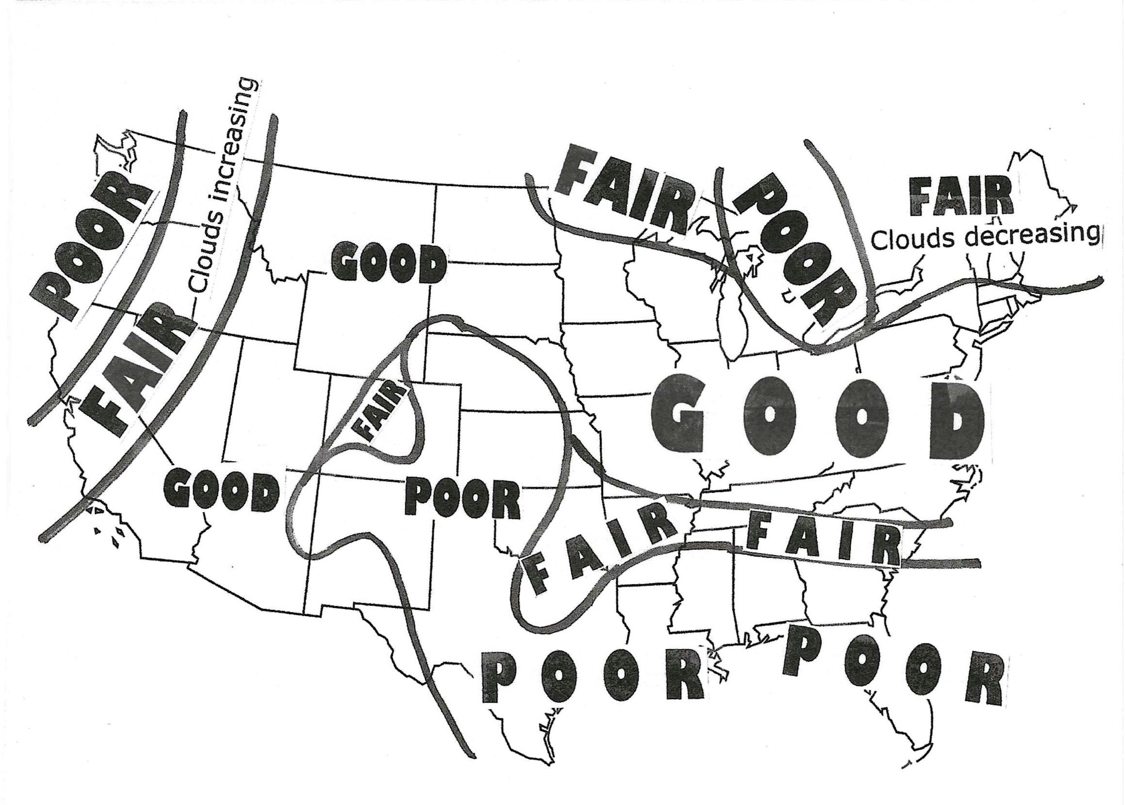 a map of the united states showing three words in various areas: good, fair and poor
