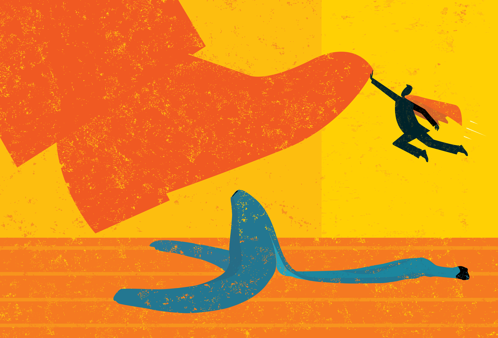 A miniature, super businessman saves someone from slipping on a banana peel.