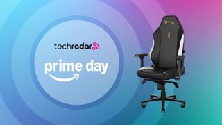 The Secretlab Titan Evo in front of a pink, teal and blue background with concentric circles and a logo reading 'TechRadar Prime Day'.