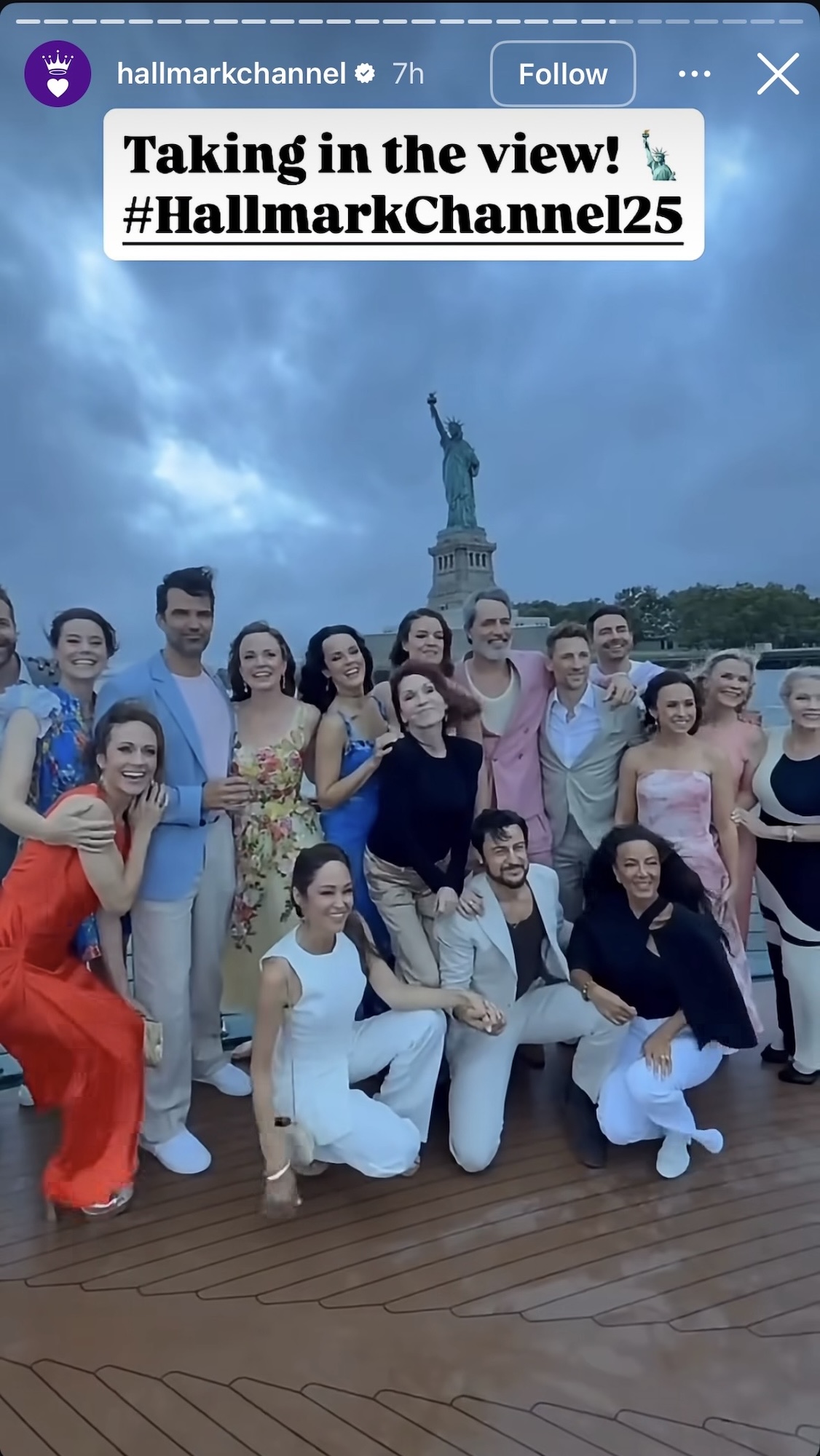 Hallmark stars celebrating the network's 25th birthday on a boat in an Instagram Story.