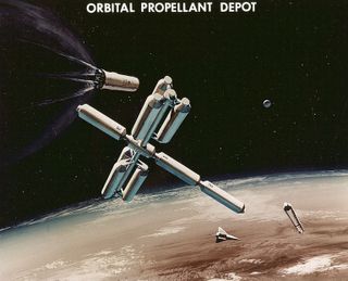 An orbital refueling depot as envisioned by NASA in 1971.