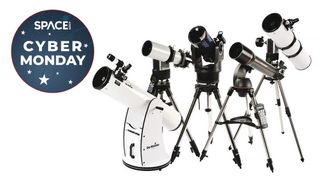 Telescopes lined up on a white background with cyber monday deal logo