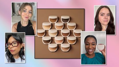 a collage of four Marie Claire beauty editors and Rare Beauty&#039;s new tinted finishing powders in front of a colorful backdrop to illustrate a review of the new tinted finishing powder