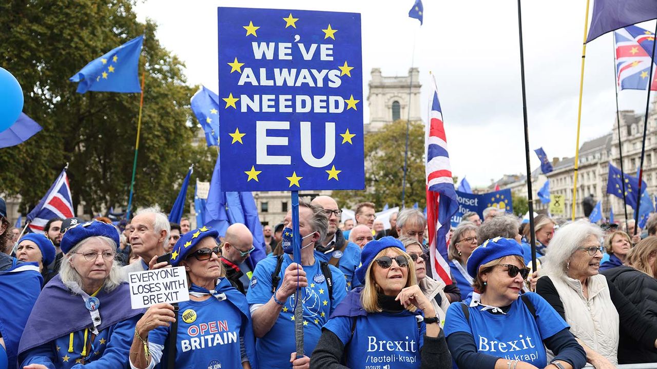 Demonstrators attend the National Rejoin March in Parliament Square on October 22, 2022