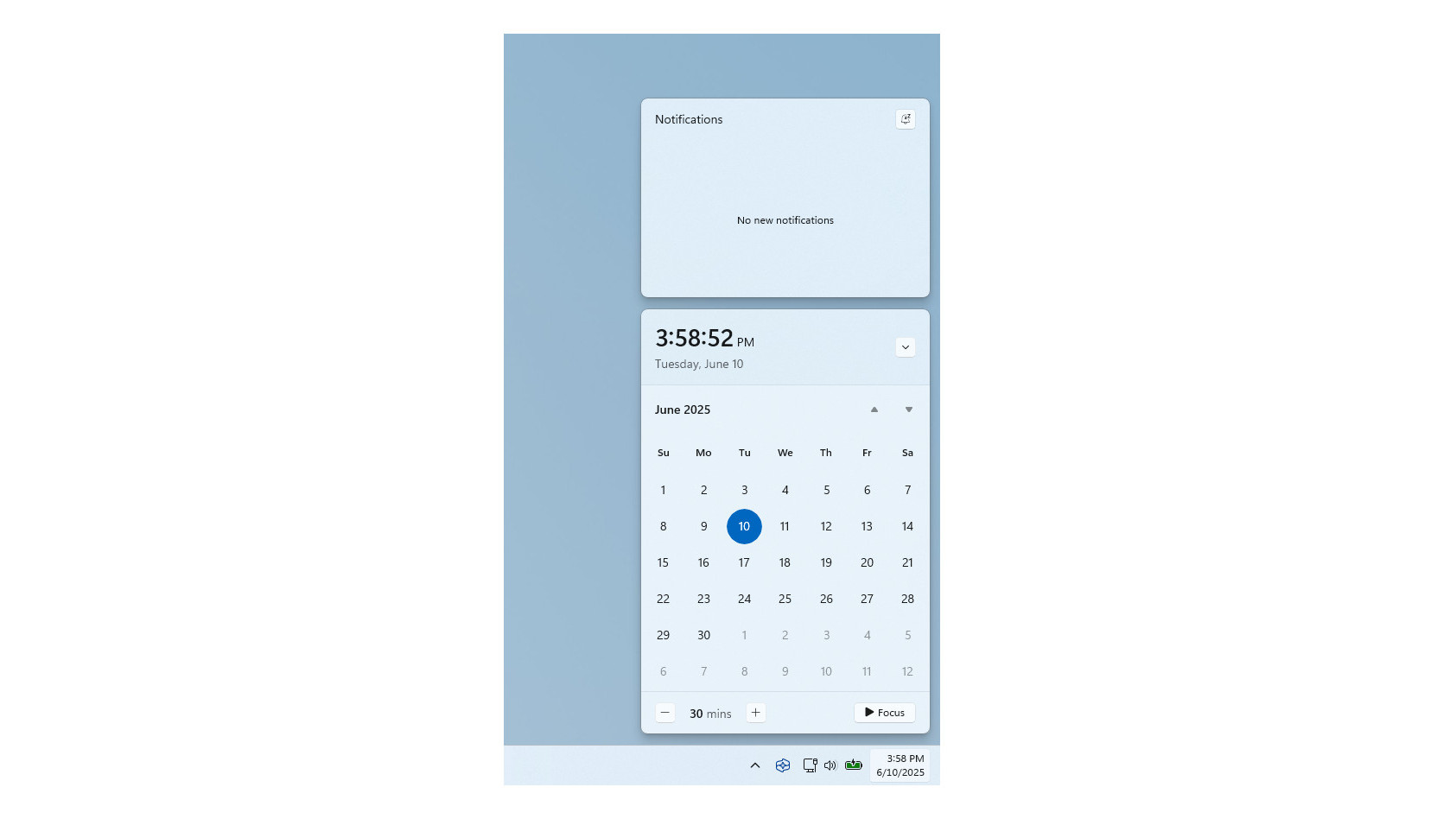 Windows 11 larger clock in notification center