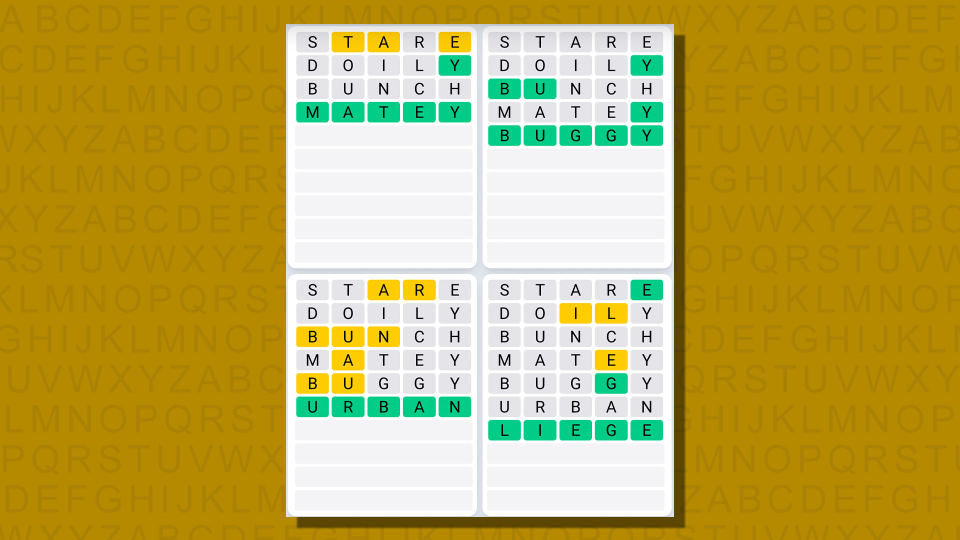 Respuestas de secuencia diaria de Quordle para el juego 767 sobre un fondo amarillo