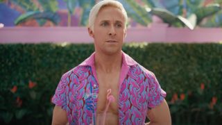 Barbie scene with Ryan Gosling as Ken drinking a beverage wearing a pink shirt