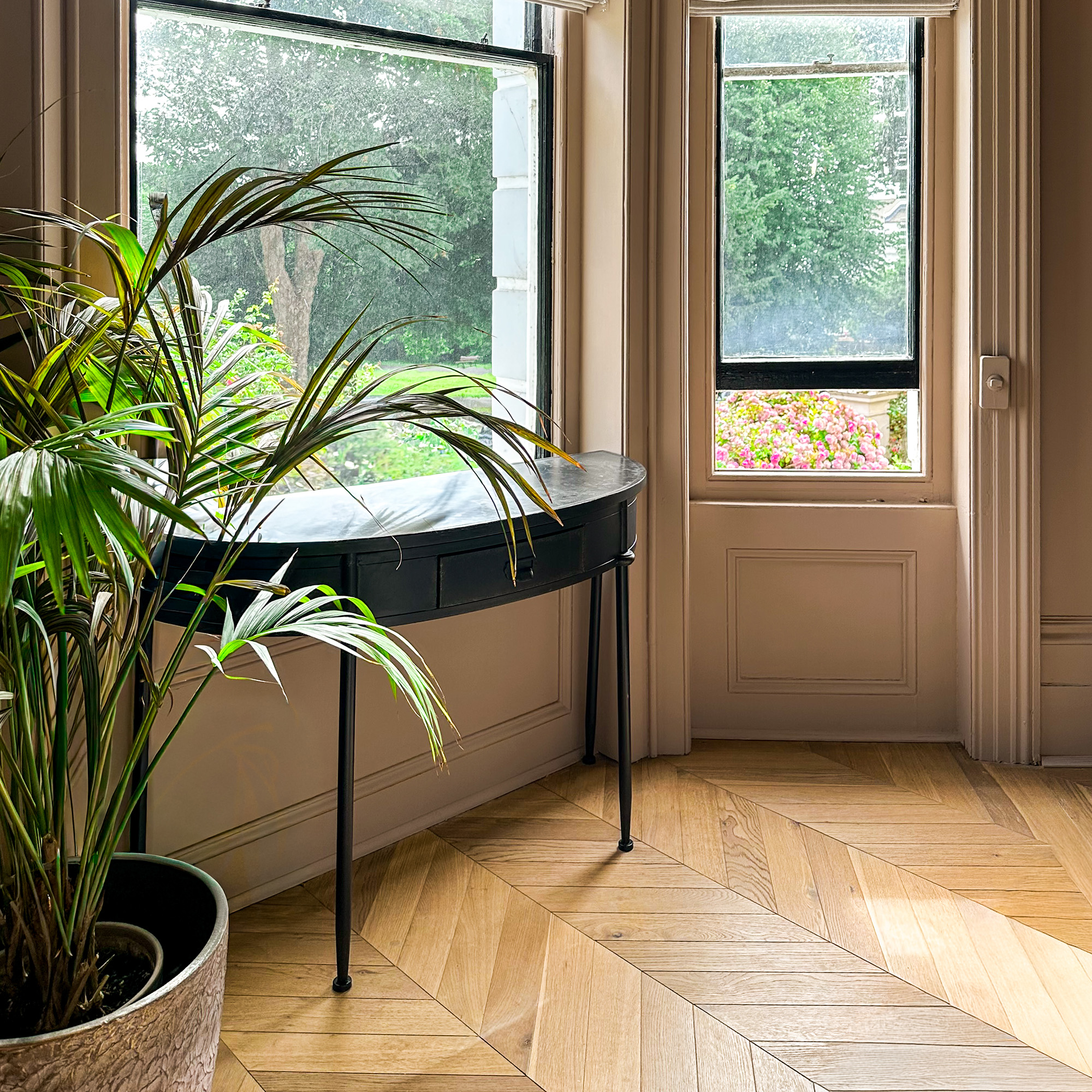 living room with parquet flooring