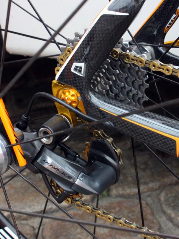 Euskaltel-Euskadi captain Samuel Sanchez gets a touch of gold on his Orbea Orca to celebrate his Olympic gold medal.