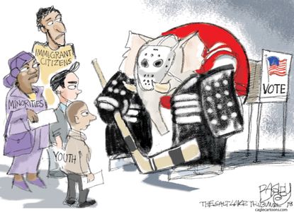 Political cartoon U.S. voter suppression minorities youth immigrants GOP