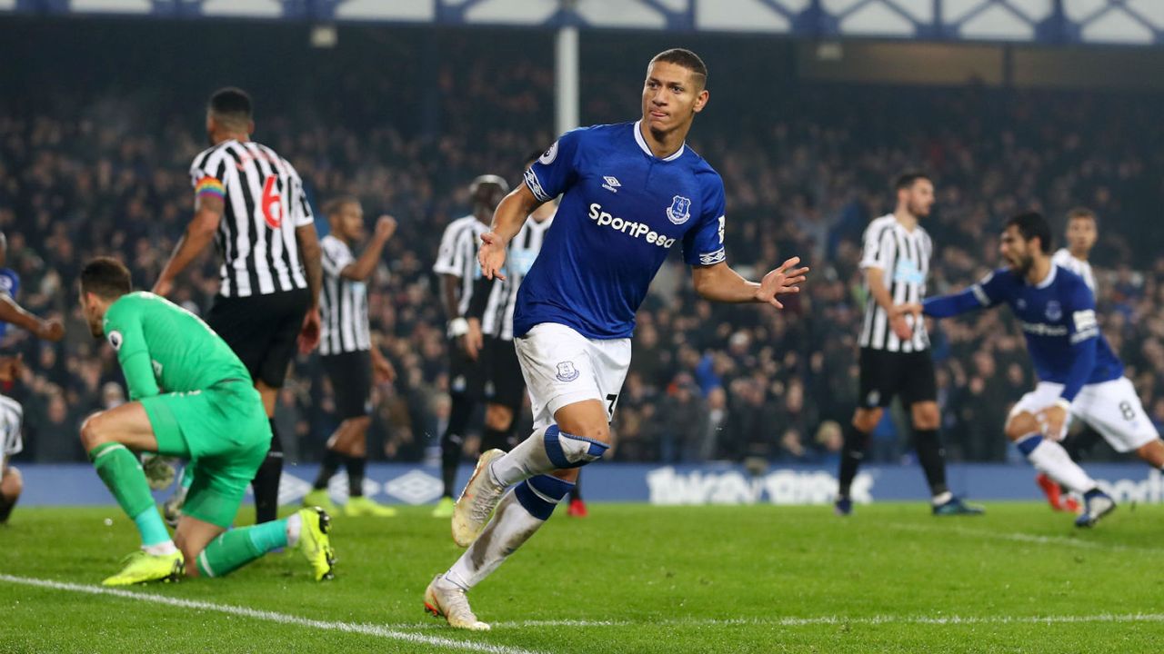 Everton forward Richarlison celebrates scoring against Newcastle in the Premier League