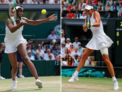 U.S. tennis player Venus Williams (L) playing a shot and Spain's Garbine Muguruza (R) 