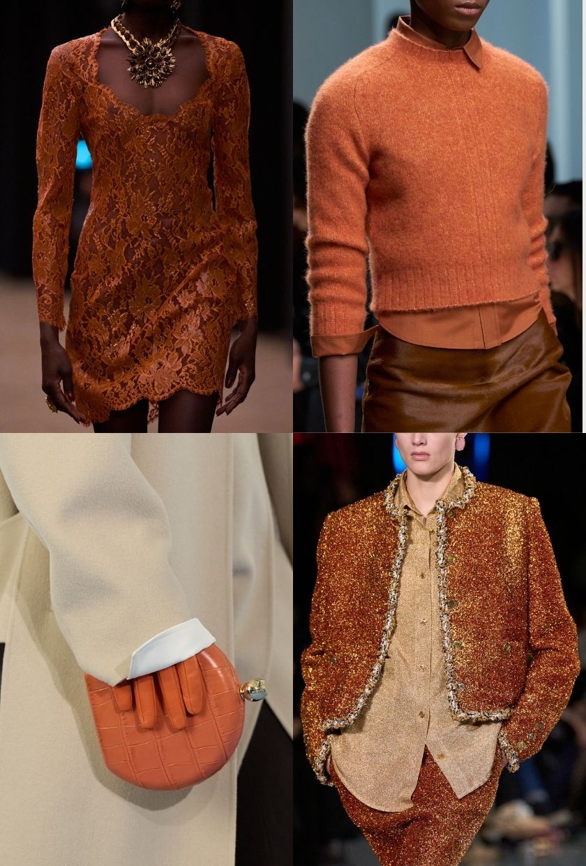 A pumpkin orange dress, shirt and jumper, gloves and clutch, blazer and skirt on the Saint Laurent, Tod's, Sportmax and Chanel Autumn/Winter 2026 runways