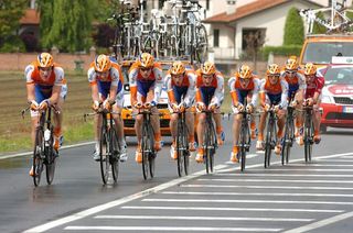 The Dutch Rabobank squad power through the team time trial.