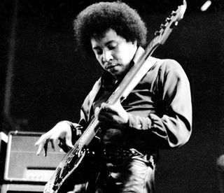 Billy Cox performs with the Jimi Hendrix Experience at the Isle of Wight Festival in August 1970