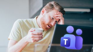 Young man holding hand on his head looking at computer screen with Microsoft Teams logo