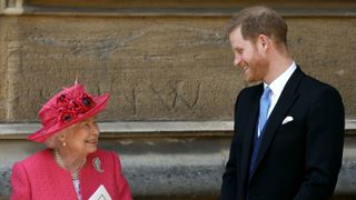 Queen Elizabeth II speaks with Prince Harry, Duke of Sussex as they leave after the wedding of Lady Gabriella Windsor to Thomas Kingston at St George's Chapel, Windsor Castle on May 18, 2019 in Windsor, England.