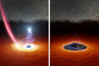 Something caused a giant black hole's bright corona to wink out. Researchers suspect it may have been a collision with a star, illustrated here.