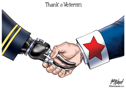 Editorial Cartoon U.S. Veterans Day Handshake