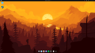 A screenshot of a customized Ubuntu home screen with an orange Firewatch wallpaper