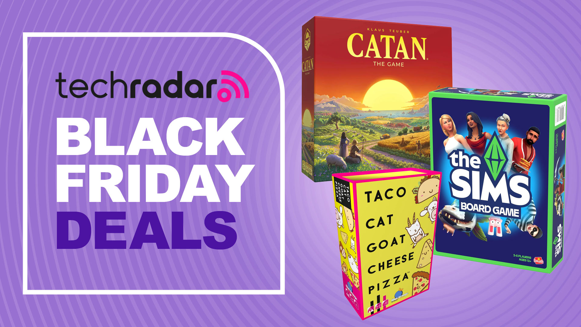 Three board games on a purple background with TechRadar Black Friday deals overlay