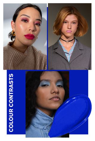 Models and influencers wearing colour contrasts, a key 2025 beauty trend