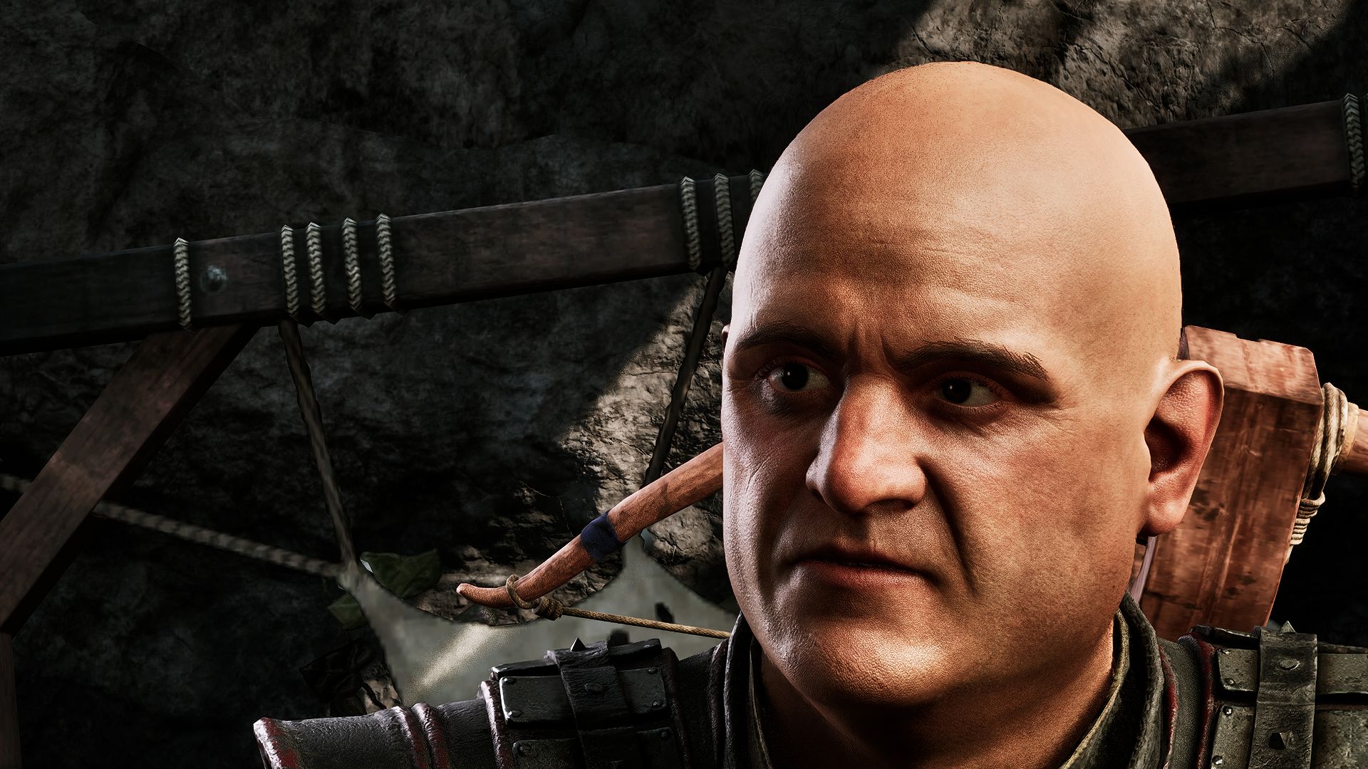 Scatty, a bald man who runs a fighting arena, with a crossbow on his back