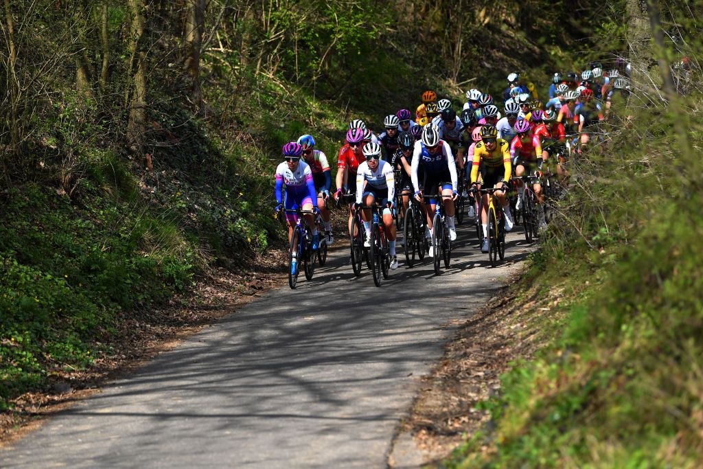 VALKENBURG NETHERLANDS APRIL 10 LR Amanda Spratt of Australia and Team BikeExchange Jayco Marlen Reusser of Switzerland and Team SD Worx Shirin Van Anrooij of Netherlands and Team Trek Segafredo Marie Le Net of France and Team FDJ Nouvelle Aquitaine Futuroscope and Riejanne Markus of Netherlands and Jumbo Visma Team lead the peloton during the 8th Amstel Gold Race Ladies Edition 2022 a 1285km one day race from Maastricht to Valkenburg UCIWWT AGR2022 on April 10 2022 in Valkenburg Netherlands Photo by Luc ClaessenGetty Images