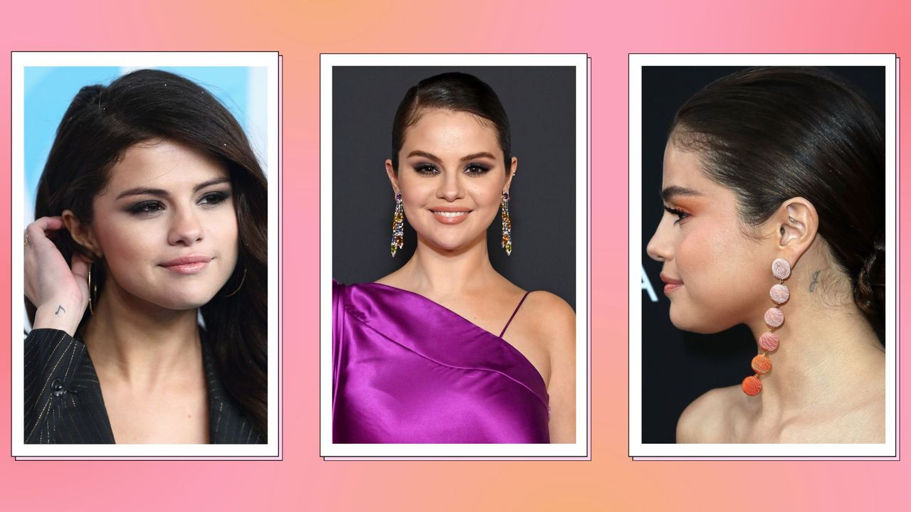 three images showing Selena Gomez&#039;s tattoos, with close-ups of a tattoo on her wrist and on her neck, with the centre picture depicting Selena smiling and wearing a purple, silk dress in an orange and pink template