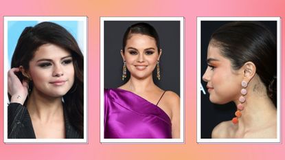 three images showing Selena Gomez's tattoos, with close-ups of a tattoo on her wrist and on her neck, with the centre picture depicting Selena smiling and wearing a purple, silk dress in an orange and pink template