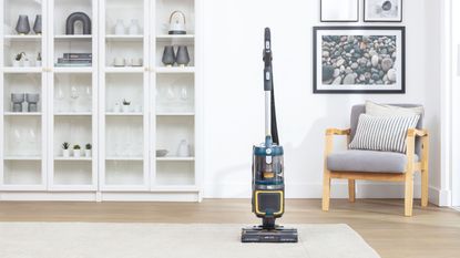 Cordless upright vacuum cleaner placed in the middle of living room