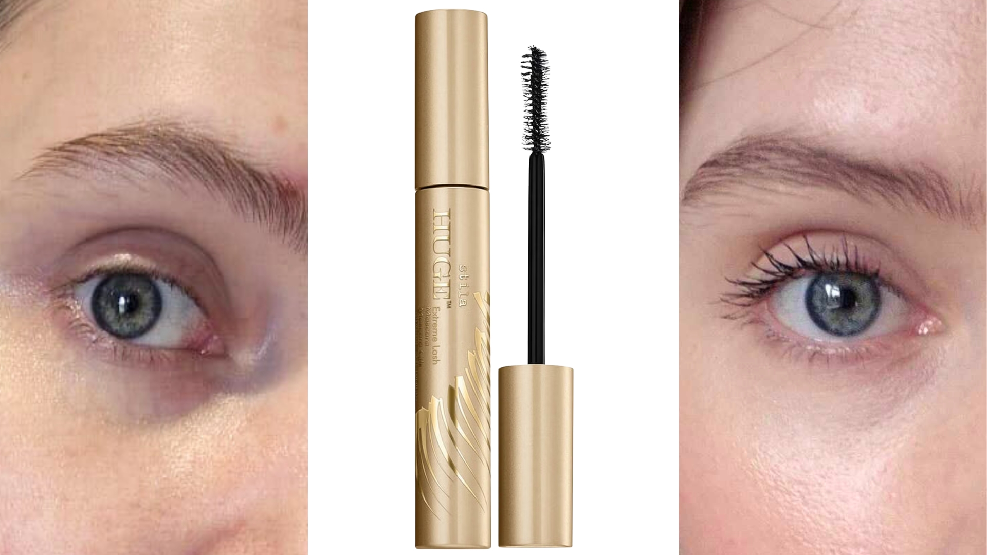 Before applying the mascara on the left, the Stila Huge&amp;trade; Extreme Lash Mascara in the middle and after applying the mascara on the right