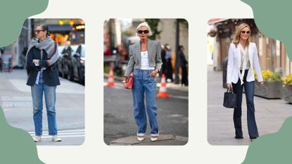 Three women over 50 wearing different types of jeans illustrating the best jeans for women over 50