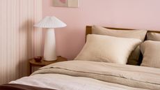 Memorial Day sales Parachute pink bedroom with beige bedding and white lamp