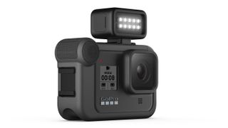 The GoPro Hero8 Black featuring the Media Mod with a mounted Light Mod