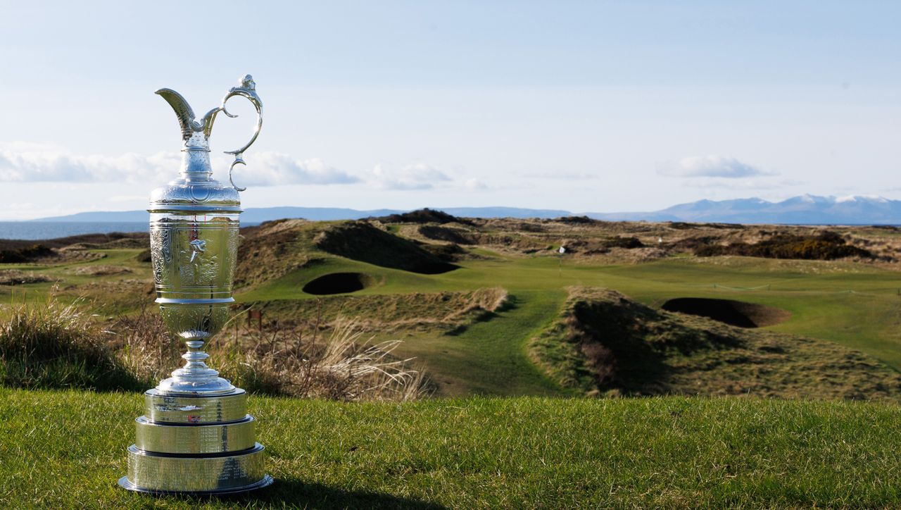 The Claret Jug is displayed during previews for The 152nd Open Championship at Royal Troon Golf Club on February 26, 2024 in Troon, Scotland.