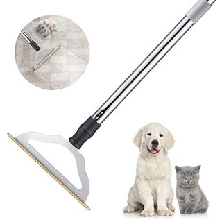 47“ Adjustable Long Handle Carpet Rake with dog, cat, and close-up of rake in action on carpet - against white background