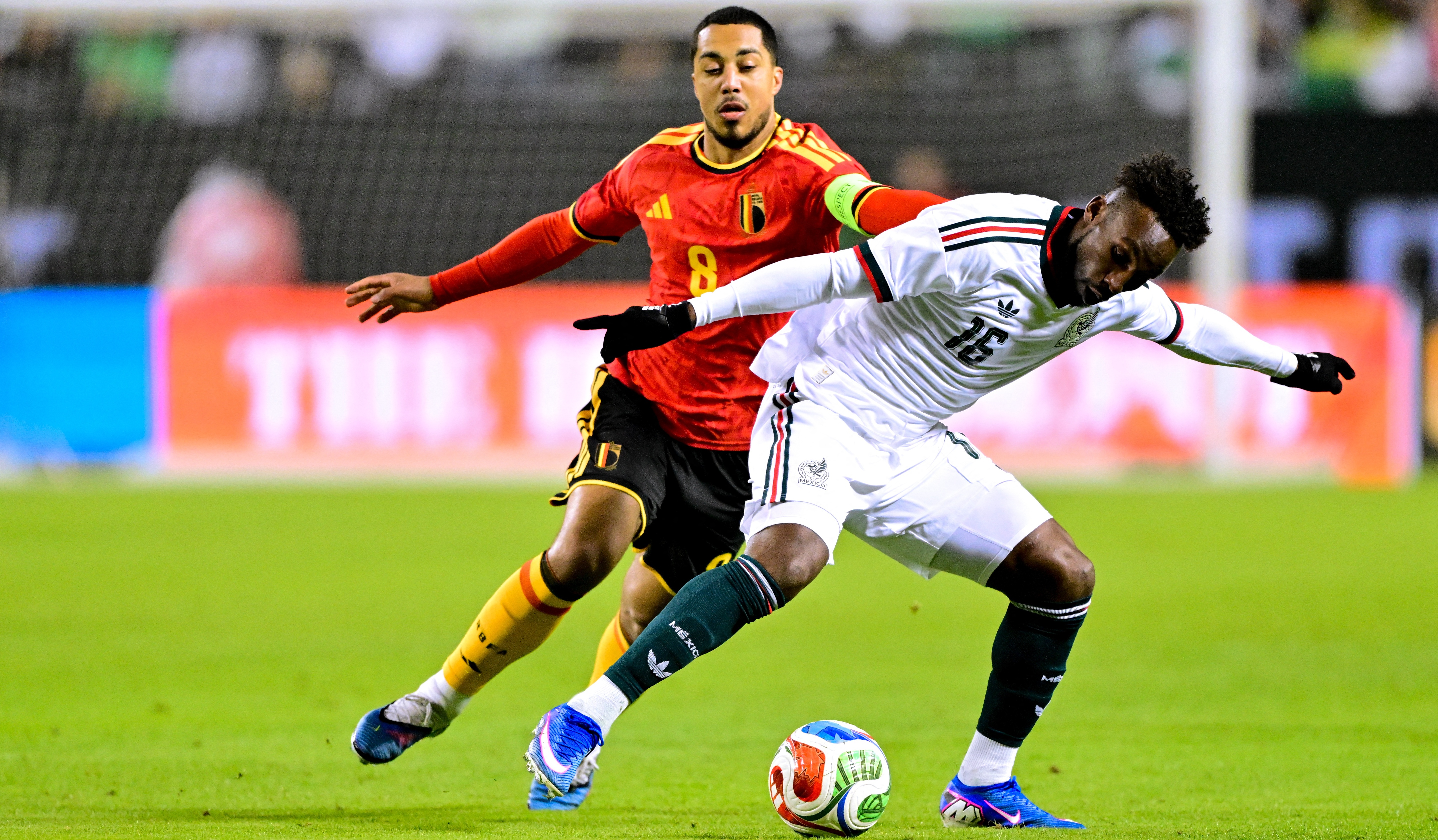 Belgium's Youri Tielemans and Mexico's Julian Quinones pictured during a friendly soccer game between the Mexican national team and Belgian national soccer team Red Devils in Chicago