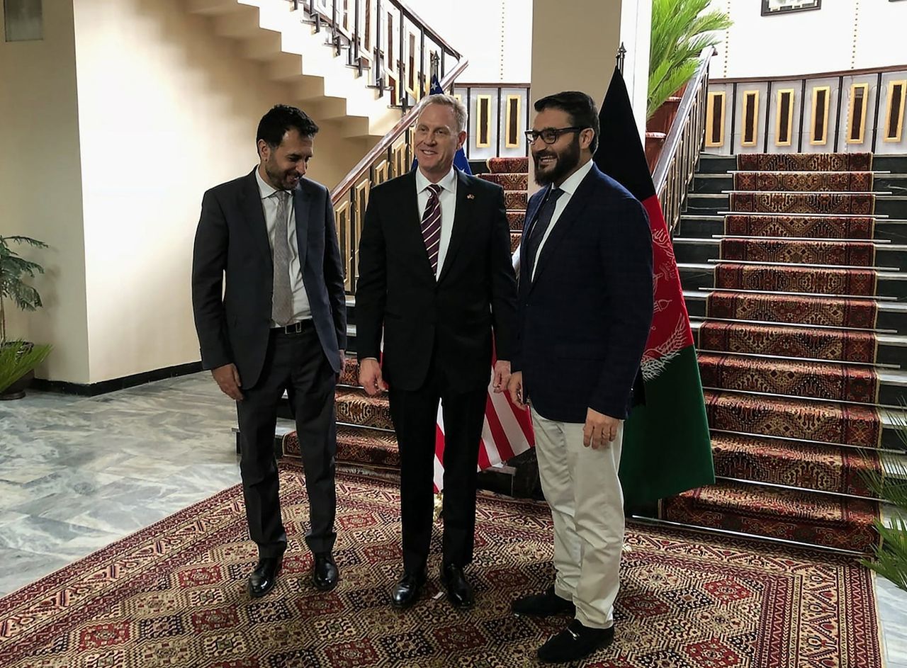 Former acting Pentagon chief Patrick Shanahan, Afghanistan&amp;#039;s acting Defense Minister Asadullah Khalid and Afghan National Security Adviser Hamdullah Mohib.