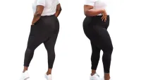 a side-by-side of a woman wearing the Snag Black Leggings, one of w&h's best plus-size leggings picks, at two different angles