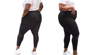 a side-by-side of a woman wearing the Snag Black Leggings, one of w&h's best plus-size leggings picks, at two different angles