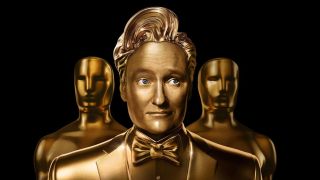 Conan O'Brien shown looking like an Oscar statue in front of two others in promo art for the 97th Academy Awards.