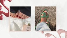 On the left is a close-up of someone's feet featuring a dark red pedicure created by nail artist Milly Mason (@millymason), pictured alongside a Chanel product. And on the right is a close-up of someone's feet in a green pair of sandals and with a French tip pedicure, created by nail artist, Julia Diogo (@paintedbyjools)/ in a white and grey template with two nail polish spills. 