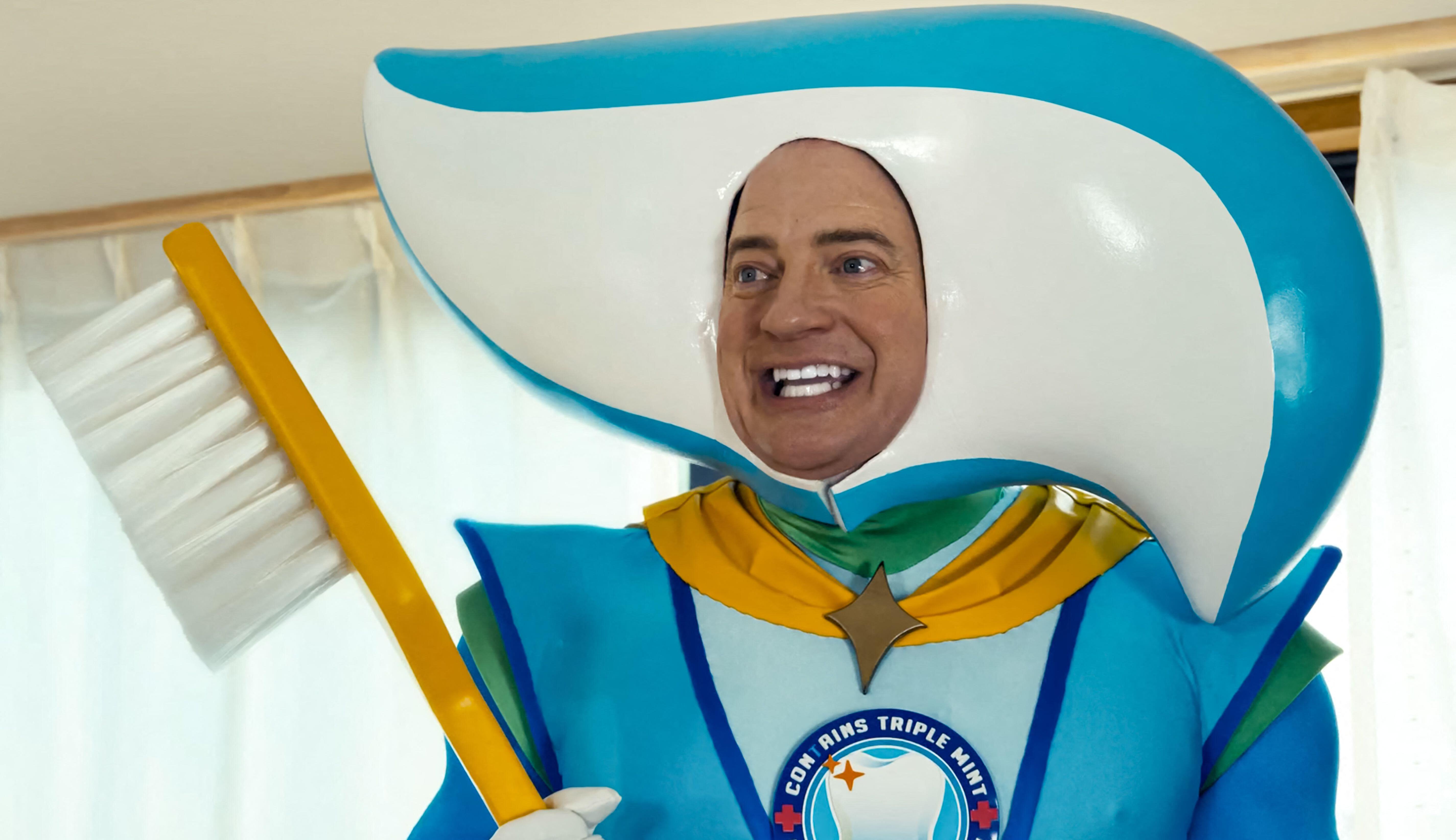 Phil (Brendan Fraser) in a toothpaste mascot costume in "Rental Family"