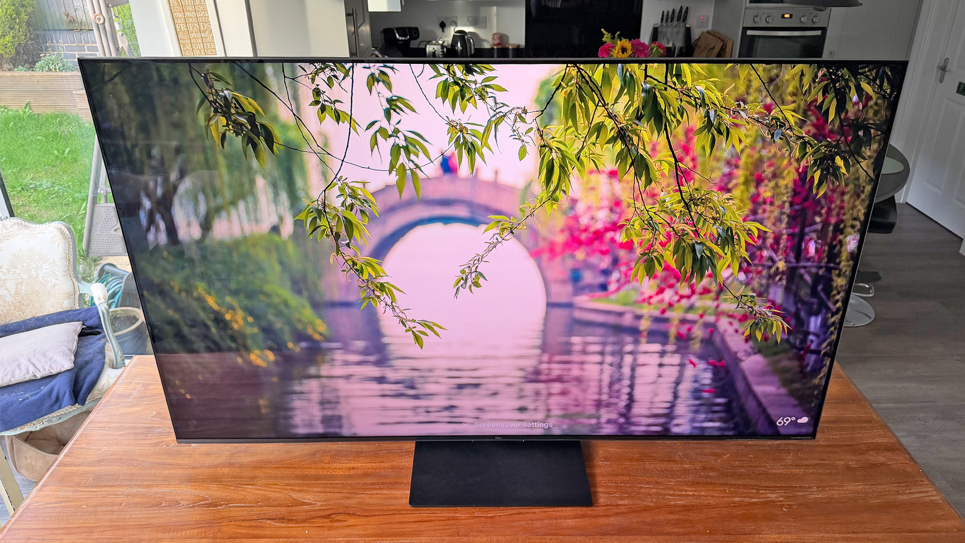 TCL C7L Mini LED TV showing lake with bridge and plants in foreground on screen